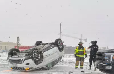 Car Flips on Highway 400 in Innisfil Amid Heavy Snowfall