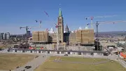 Steel Scaffolding Envelopes Parliament Hill's Centre Block and Peace Tower