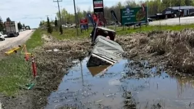 Transport Truck Avoids Collision by Driving into Ditch on Hwy. 69
