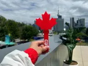 Canadian World Cup fans cheer with maple leaf-shaped clappers